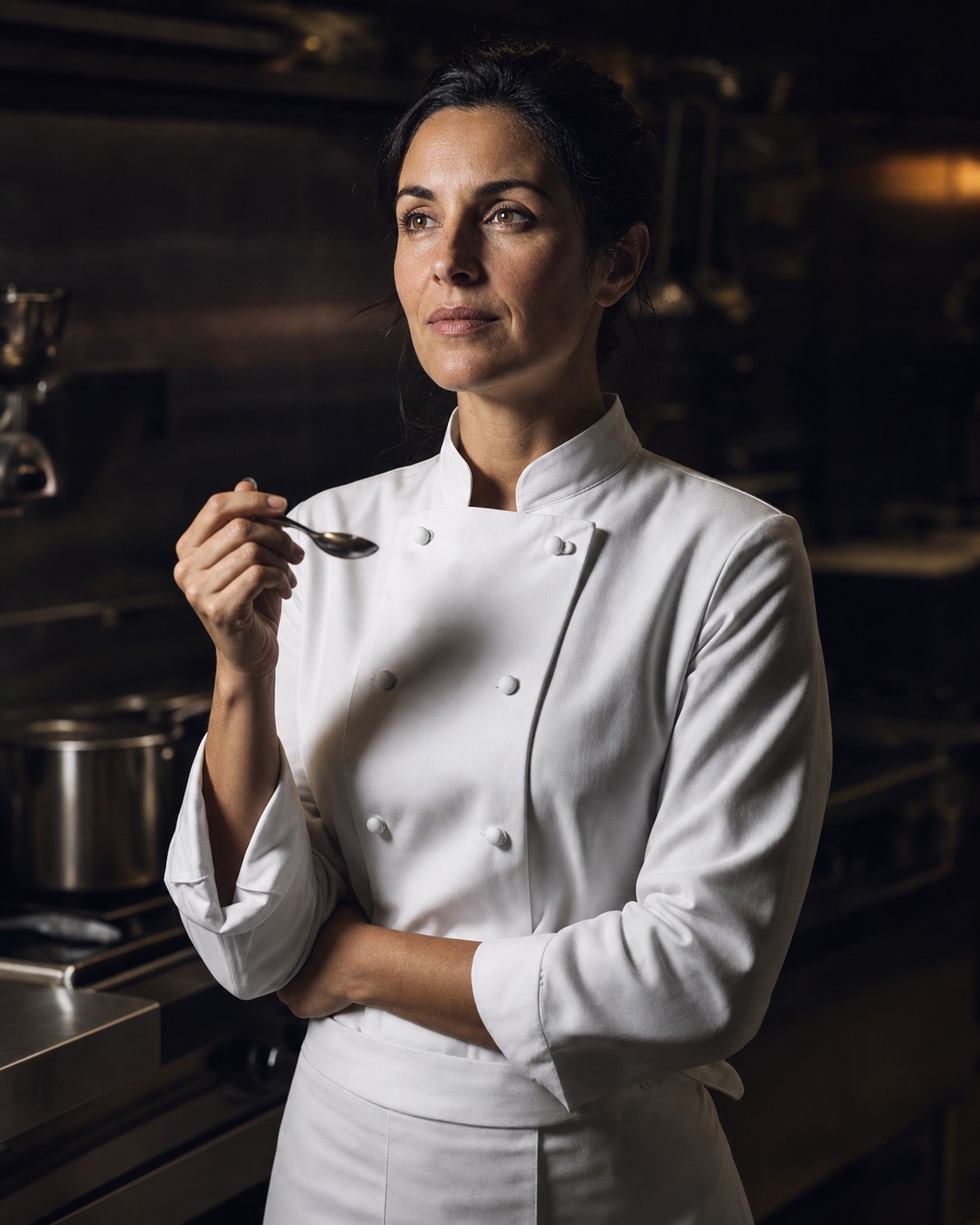 Chef Élise Marchand in a white double-breasted jacket, holding a spoon above a plate in a low-lit kitchen.