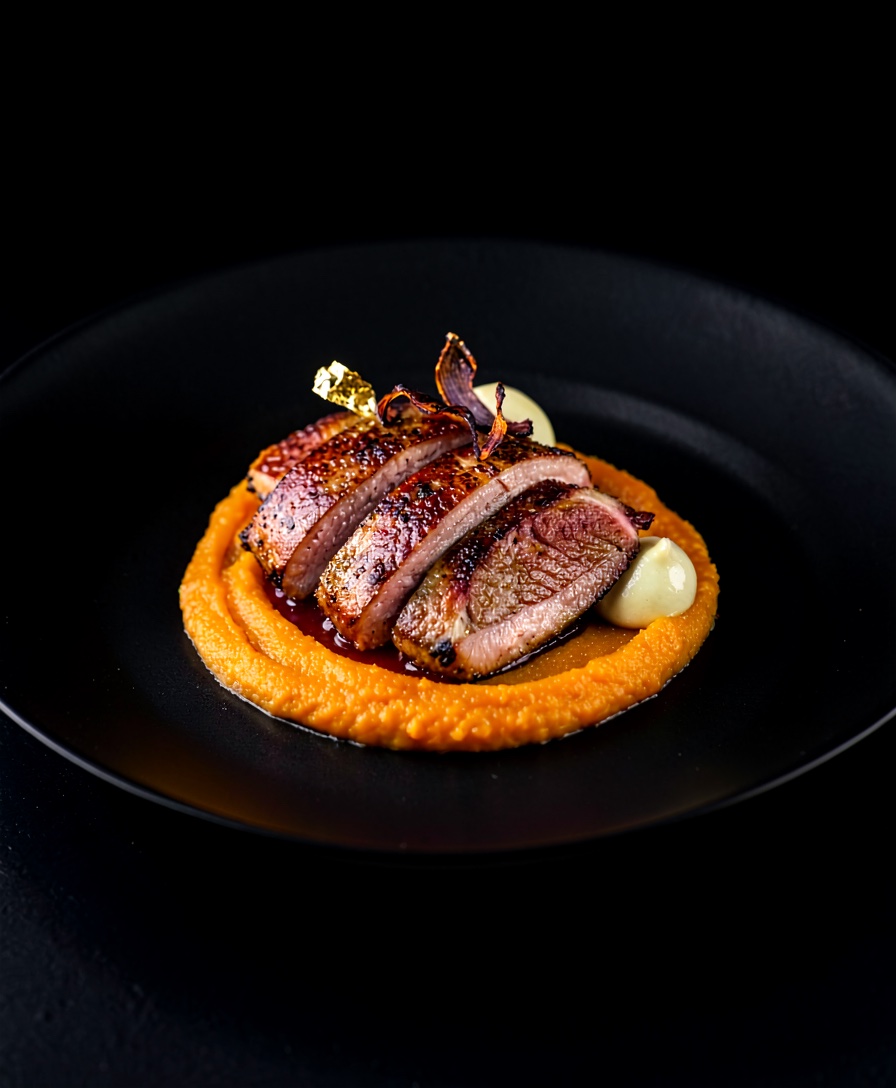 Roasted duck breast plated with black mission fig and charred shallot on a dark plate.
