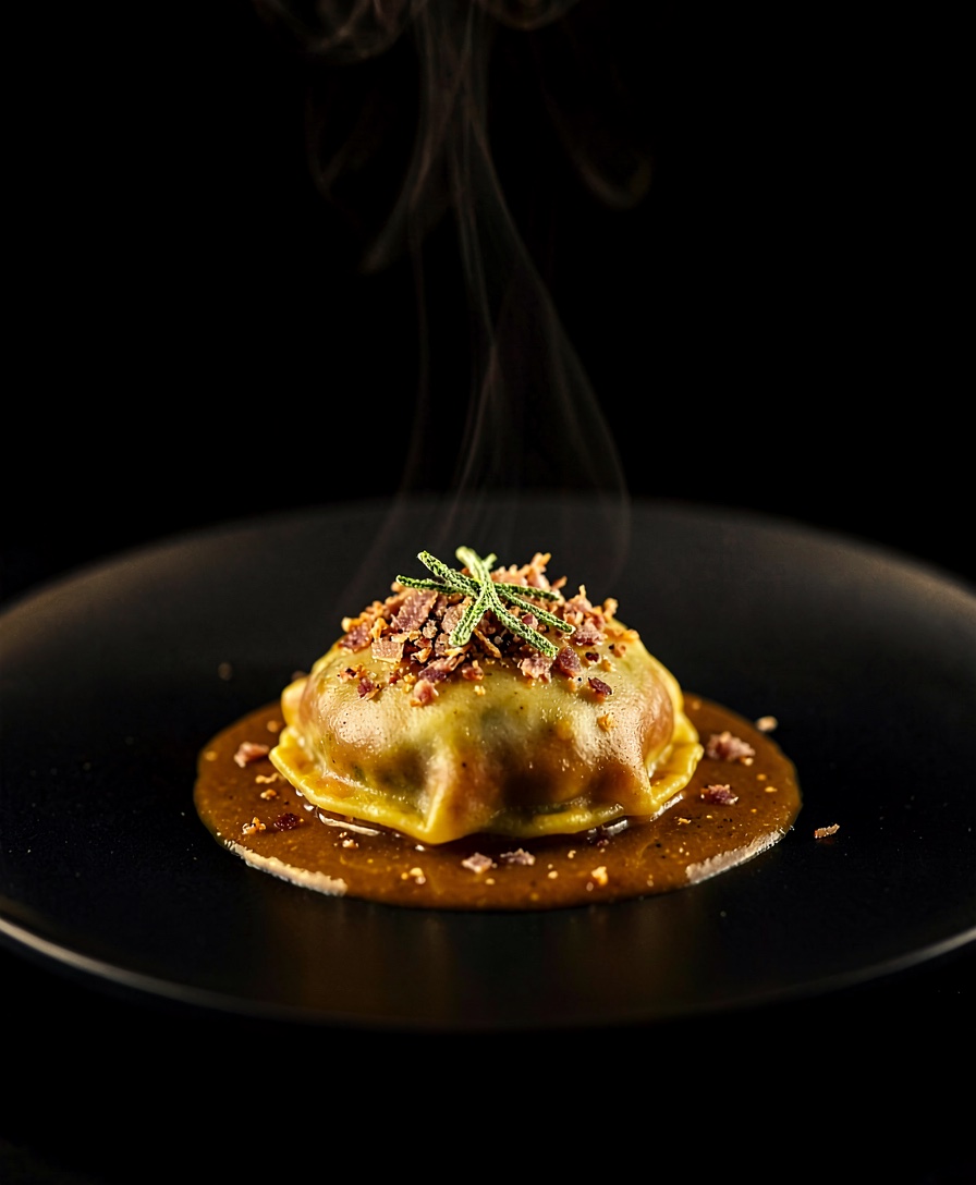A plate of heritage vegetables in their own broth, dressed with herbs, on a matte dark plate.