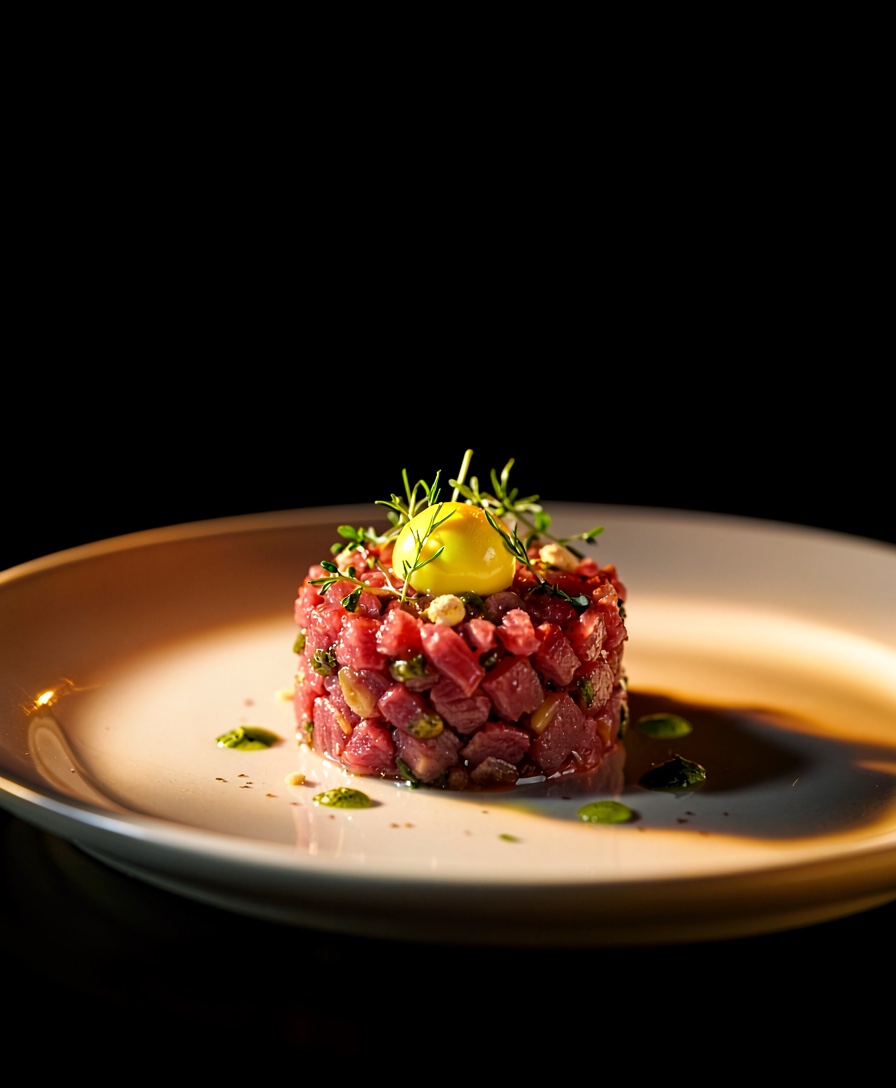 Beef tartare with smoked egg yolk.