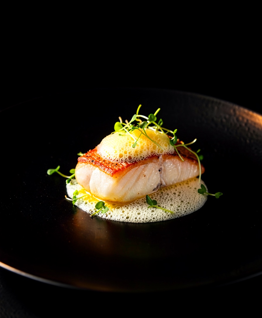 A fillet of hay-smoked halibut in pale beurre blanc with sea lettuce on a black plate.