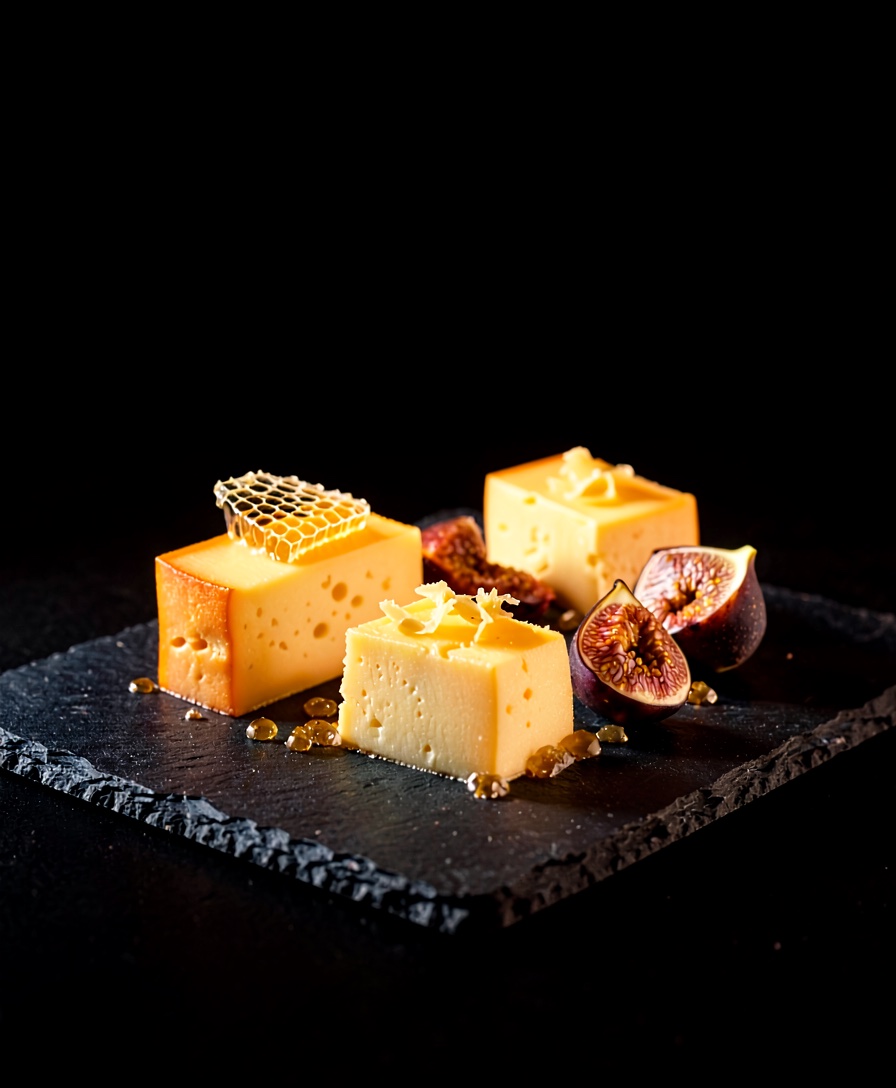 A small cheese course with house brioche and honeycomb, warmly lit on near-black.