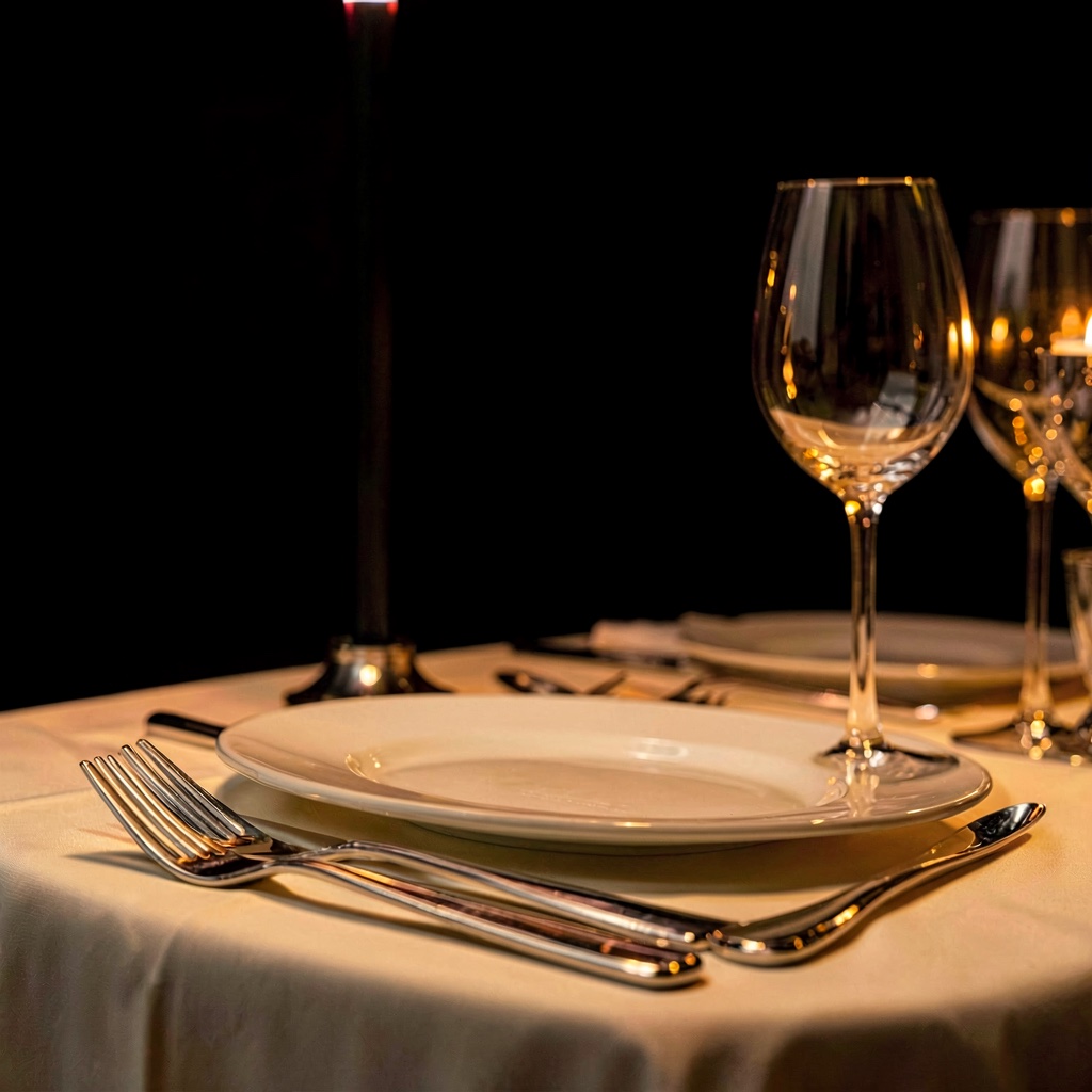 Candlelit place setting with polished silverware on ivory linen.