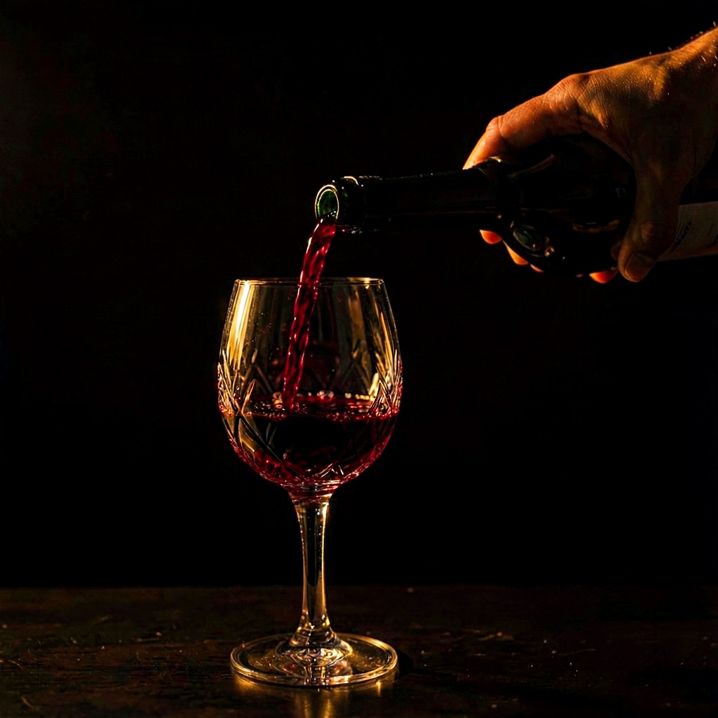 A hand pouring wine into a crystal glass, side-lit.