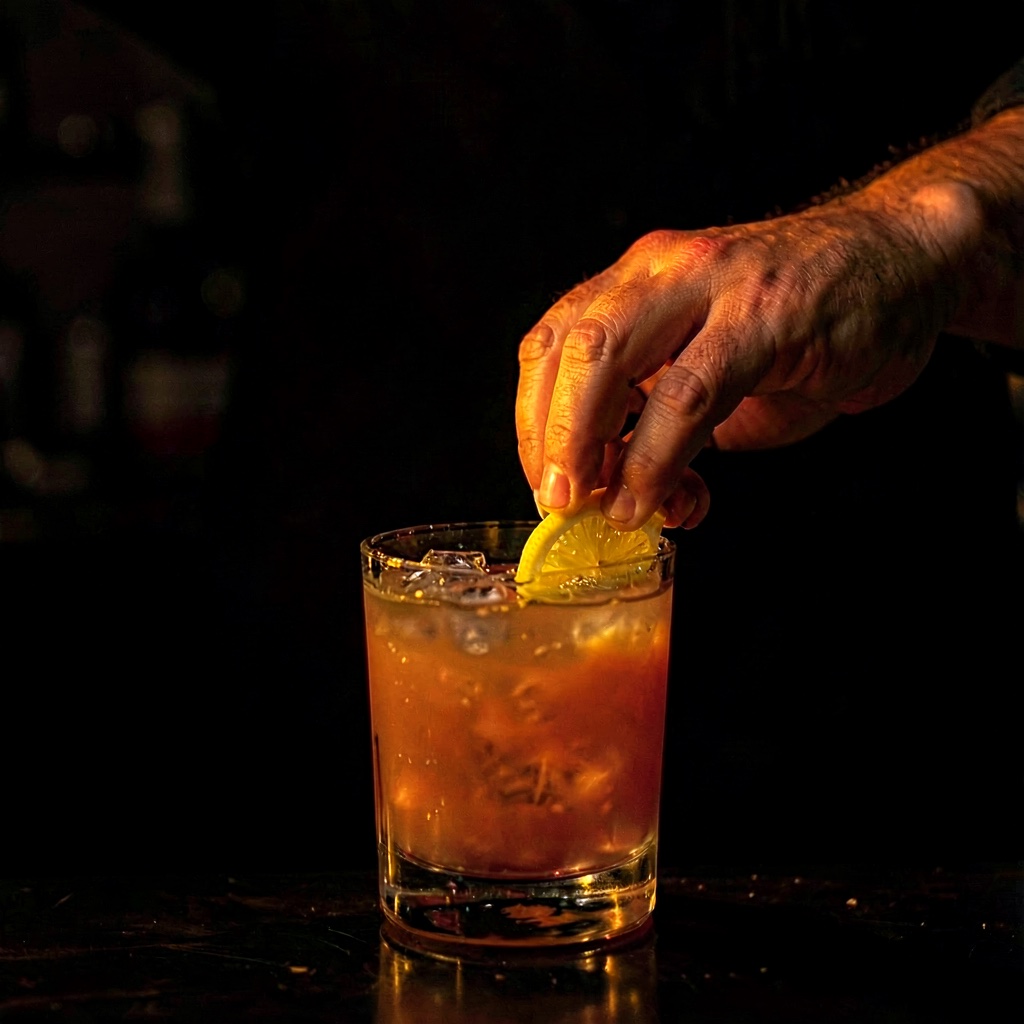A bartender's hand garnishing a cocktail with a citrus twist.