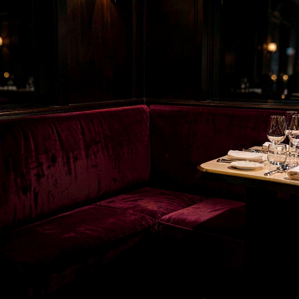 A corner banquette with bordeaux velvet cushion.