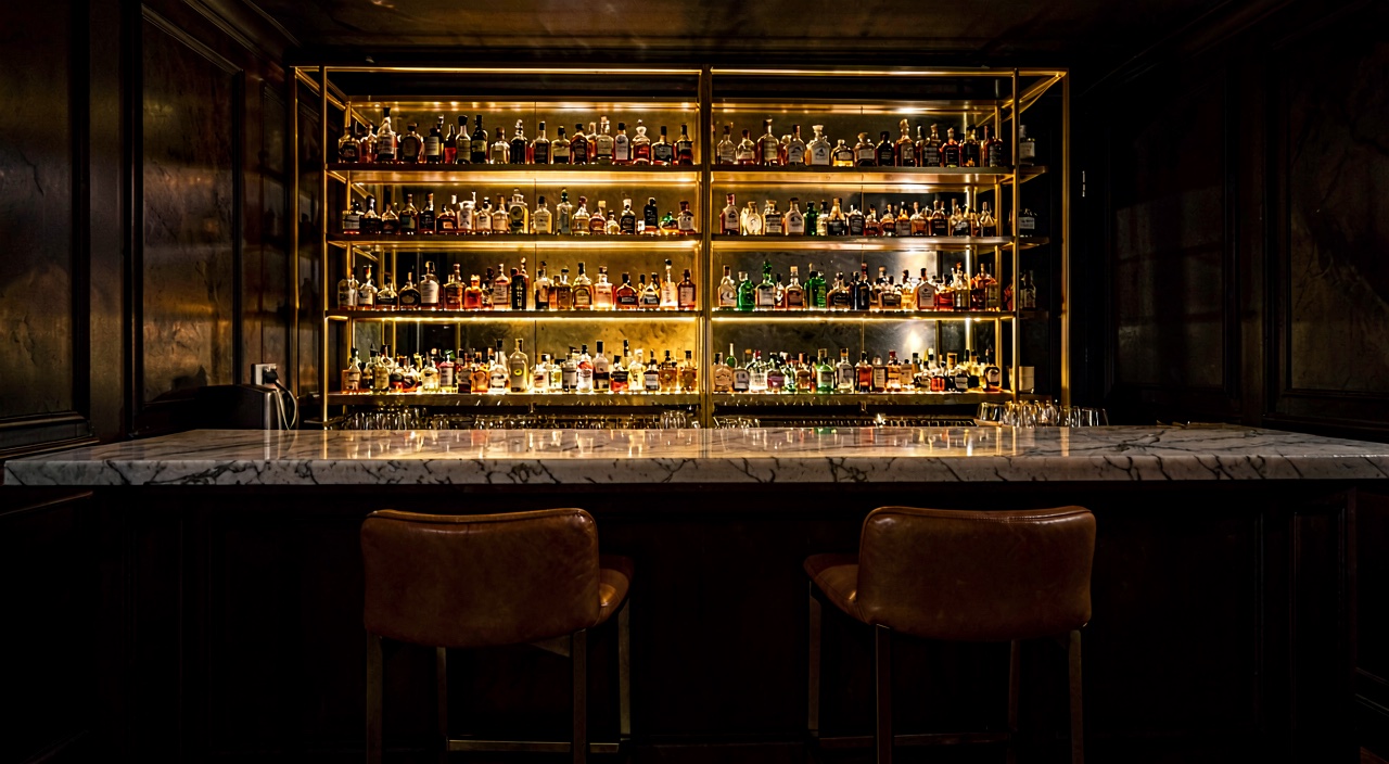 The bar at Lumière, marble counter and brass shelving.