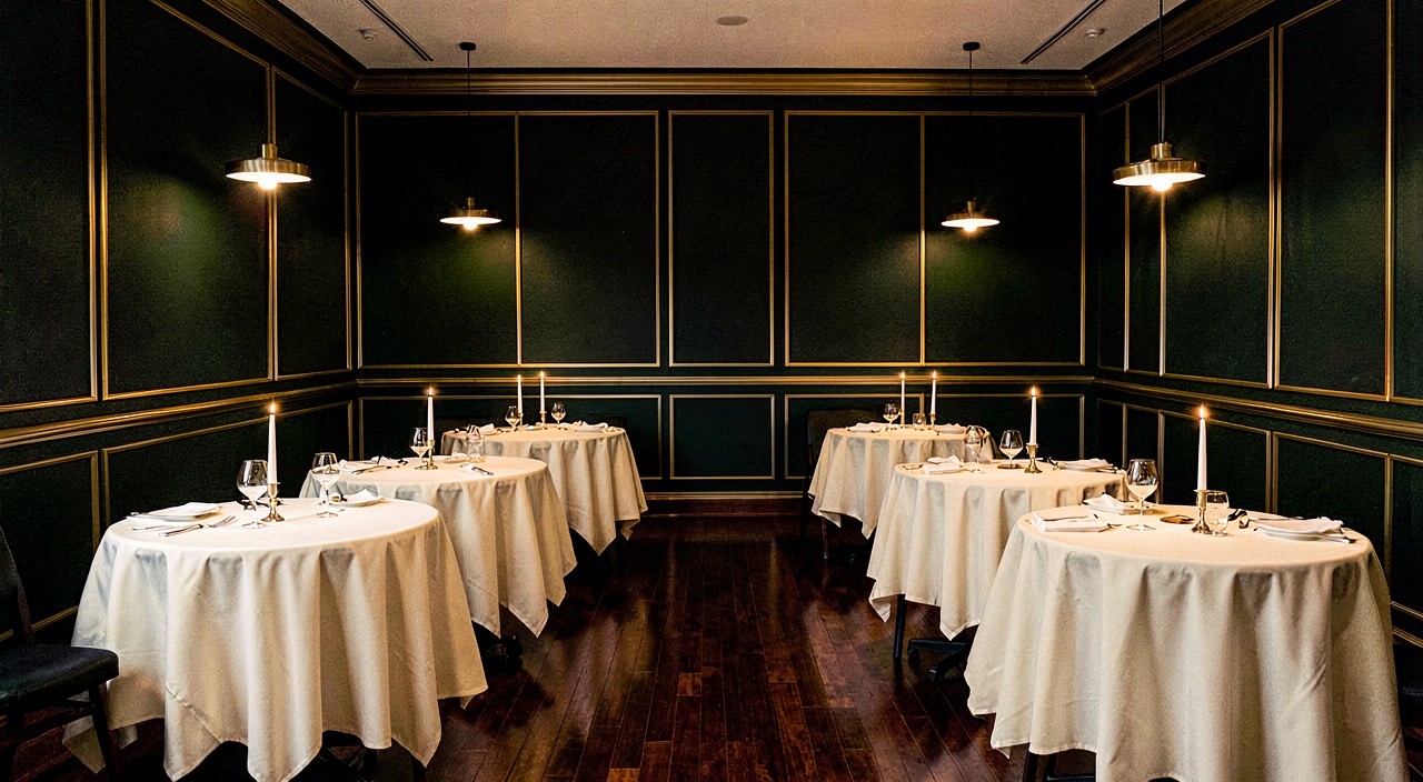 A refined dining room with round tables, ivory tablecloths, tall candles, and warm pendant lighting.