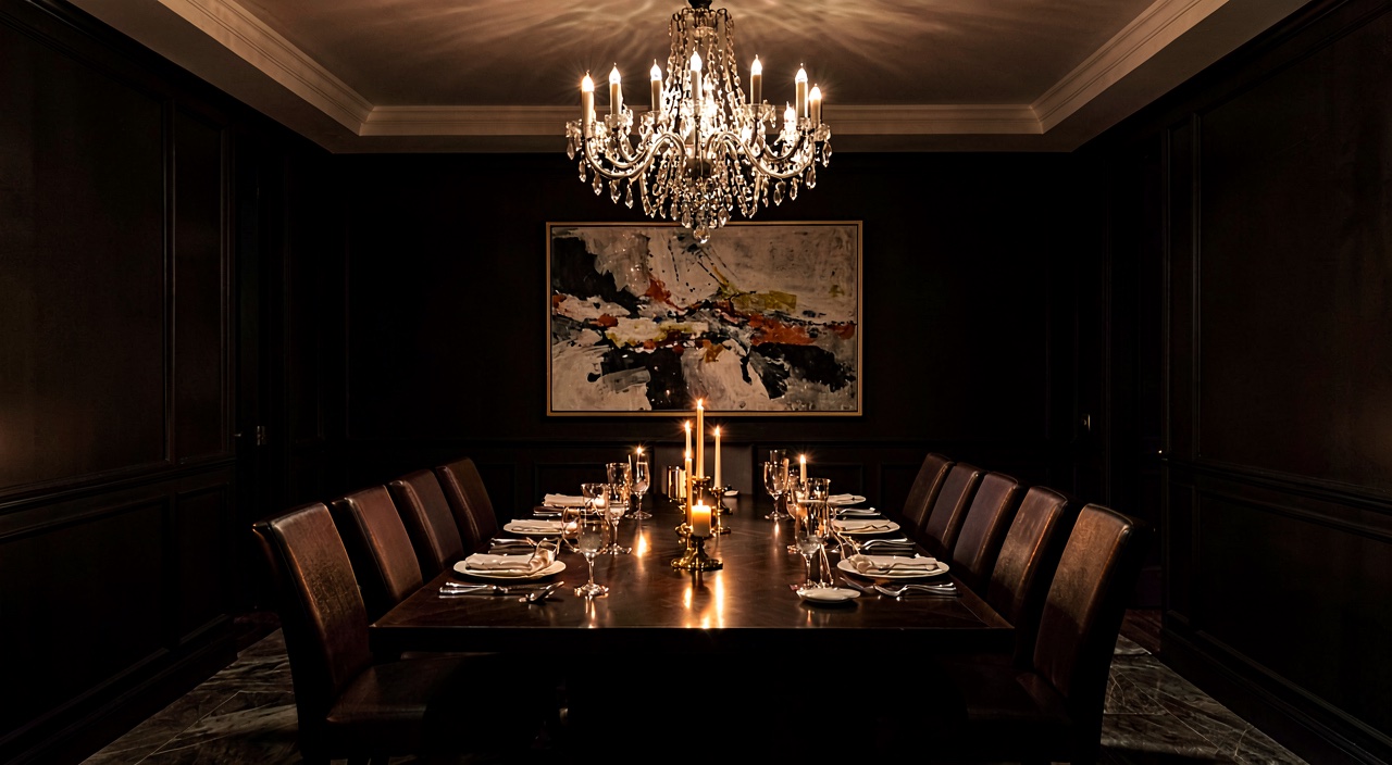 The private dining room set for ten with a chandelier.